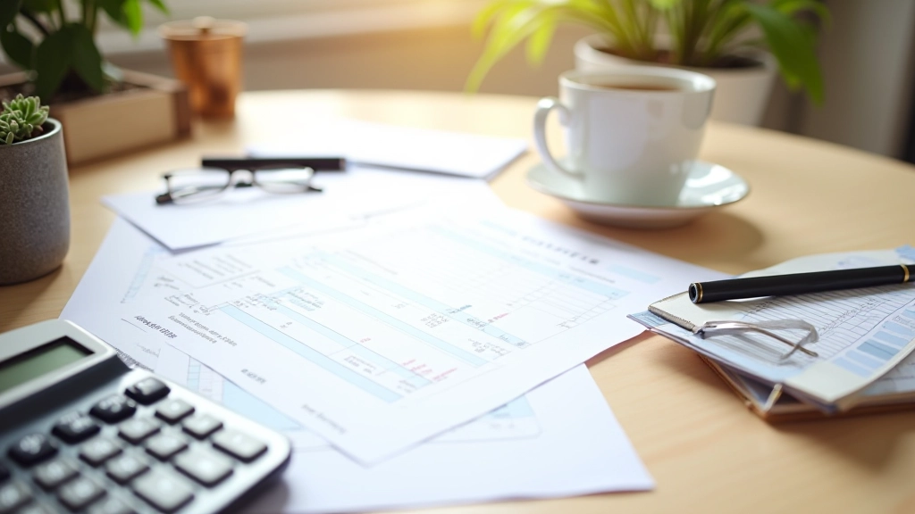 Documents de planification financière, stylo, calculatrice et notes manuscrites sur bureau lumineux
