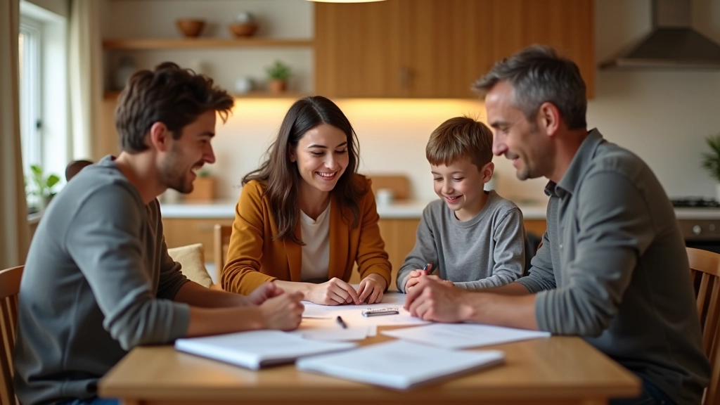 Famille autour d'une table avec documents financiers, souriant et discutant de budgets