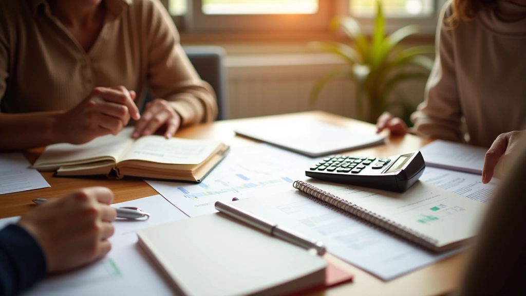 Table de famille avec documents de budget, stylo et calculatrice, lumière naturelle