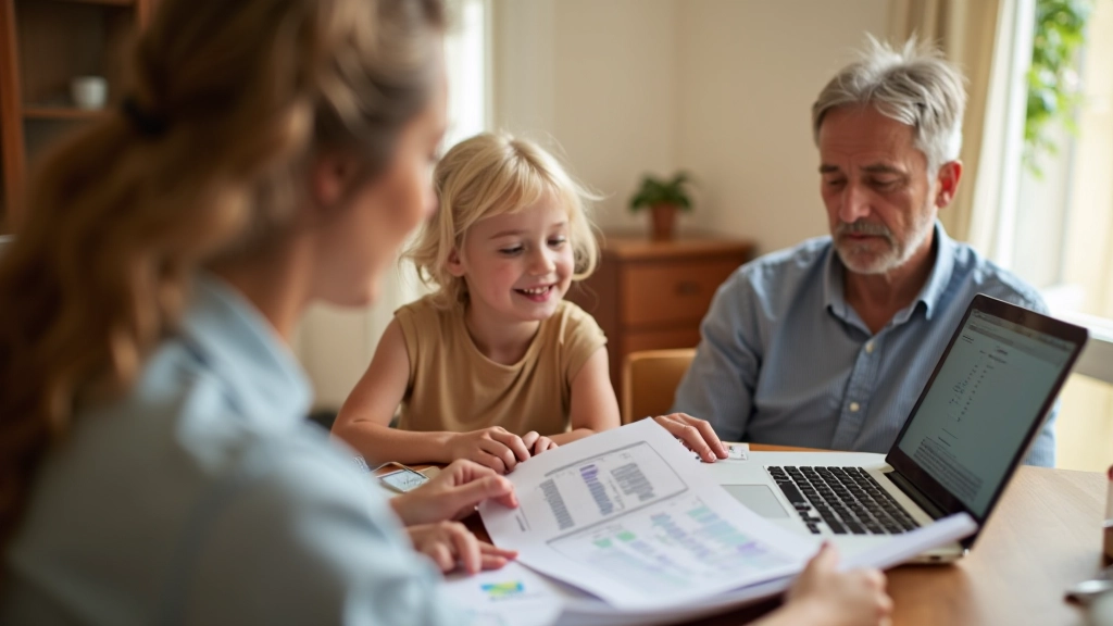 Famille réunie autour d'un budget partagé, documents étalés, discussion constructive