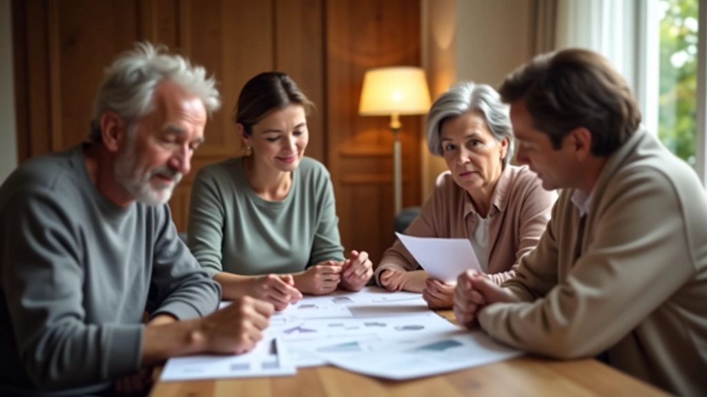 Famille réunie autour d'une table, étudiant des documents financiers ensemble, ambiance chaleureuse