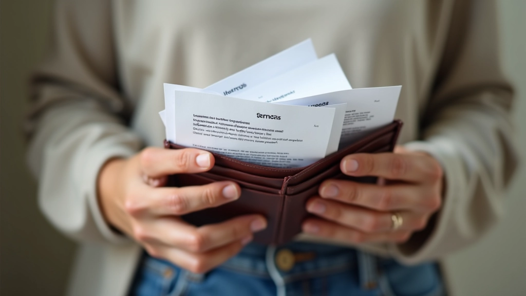 Mains tenant un portefeuille avec cartes de paiement et documents d'aide sociale