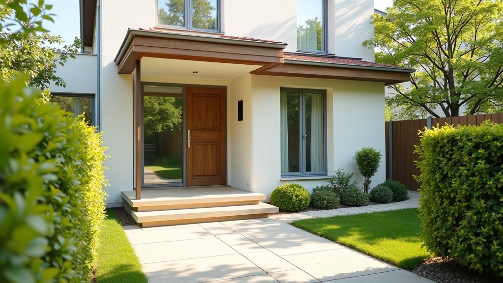 Maison moderne avec jardin ensoleillé et porche d'entrée accessible