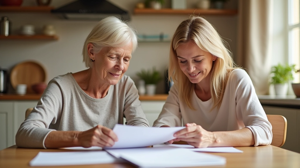 Senior woman and younger adult daughter discussing finances at kitchen table with paperwork