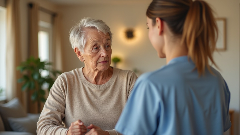 Personne âgée recevant de l'aide d'un professionnel de santé dans un salon confortable