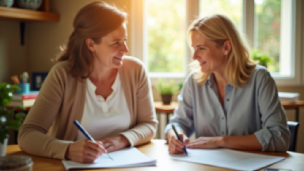 Femme senior et jeune adulte examinant des documents juridiques à table, souriant