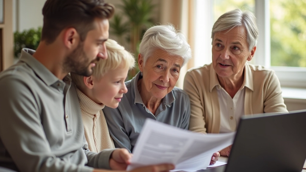 Trois générations regardant un ordinateur portable montrant un tableau budgétaire partagé