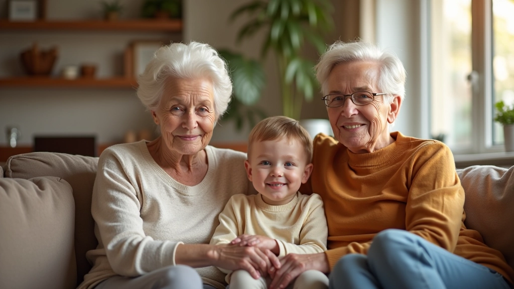 Trois générations assises ensemble au salon, grand-mère, mère et enfant, atmosphère chaleureuse