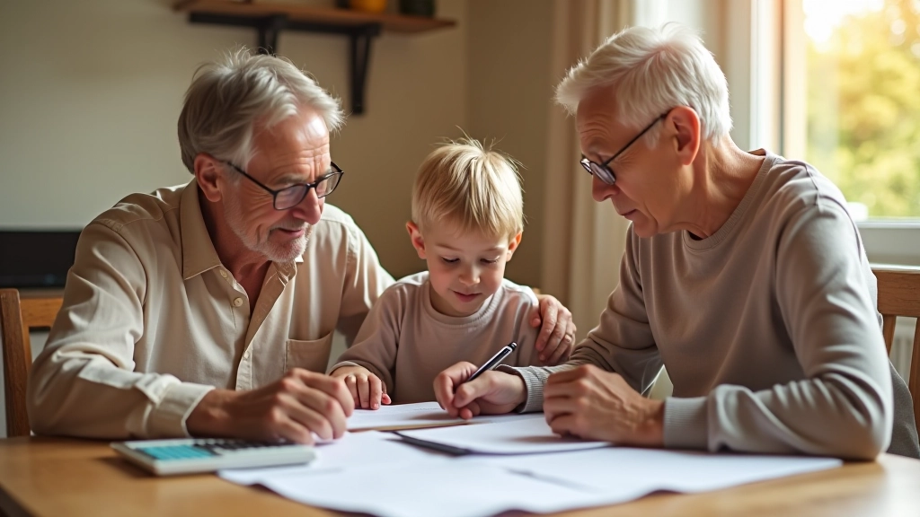 Trois générations autour d'une table avec documents budgétaires et calculatrice, planification financière familiale