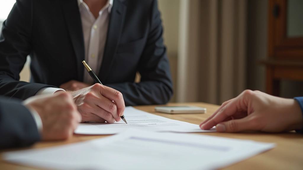 Deux personnes signant un document sur une table, stylo à la main, environnement professionnel